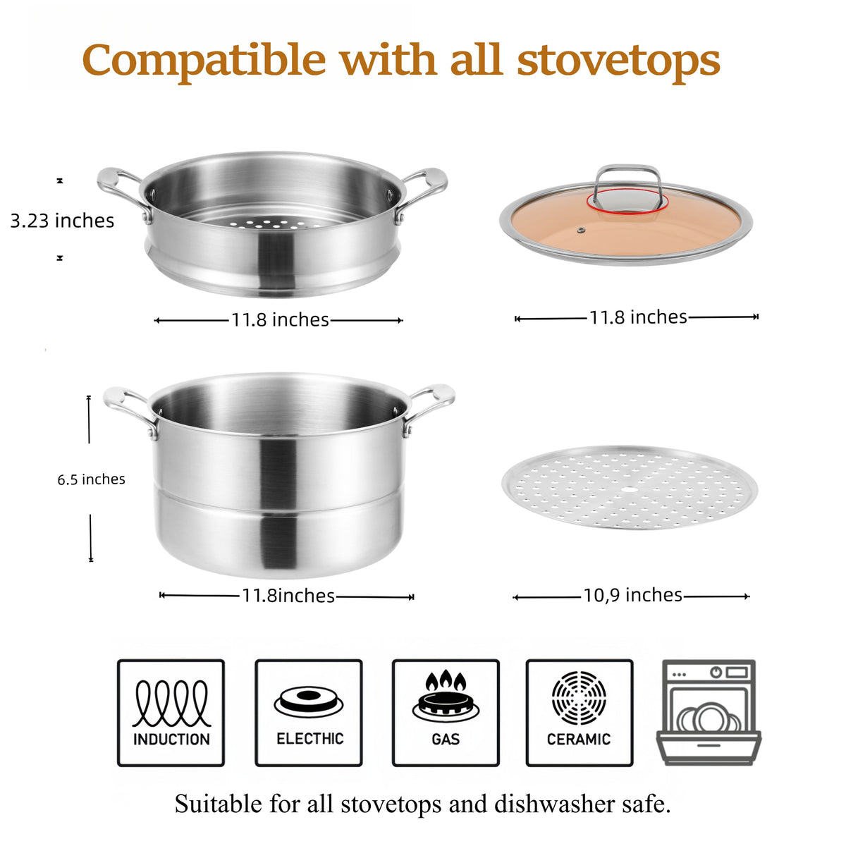 KANGXW 10QT Stainless Steel 2 Tier Steamer Pot with 2 Stackable Baskets