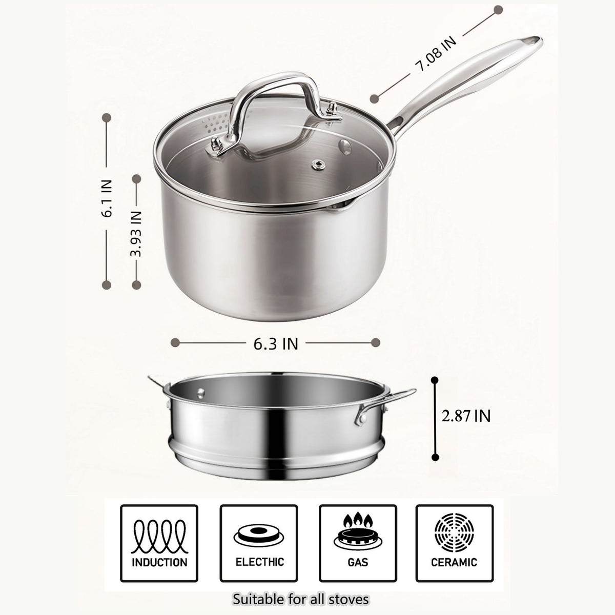 KANGXW 2.0 QT Stainless Steel Saucepan With Pour Spout Filter Glass Lid