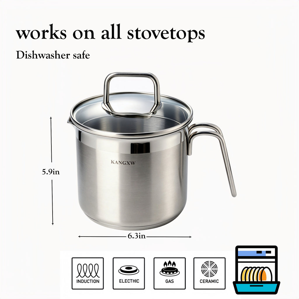 KANGXW 2.5 QT Stainless Steel Saucepan With Pour Spout Filter Glass Li ...
