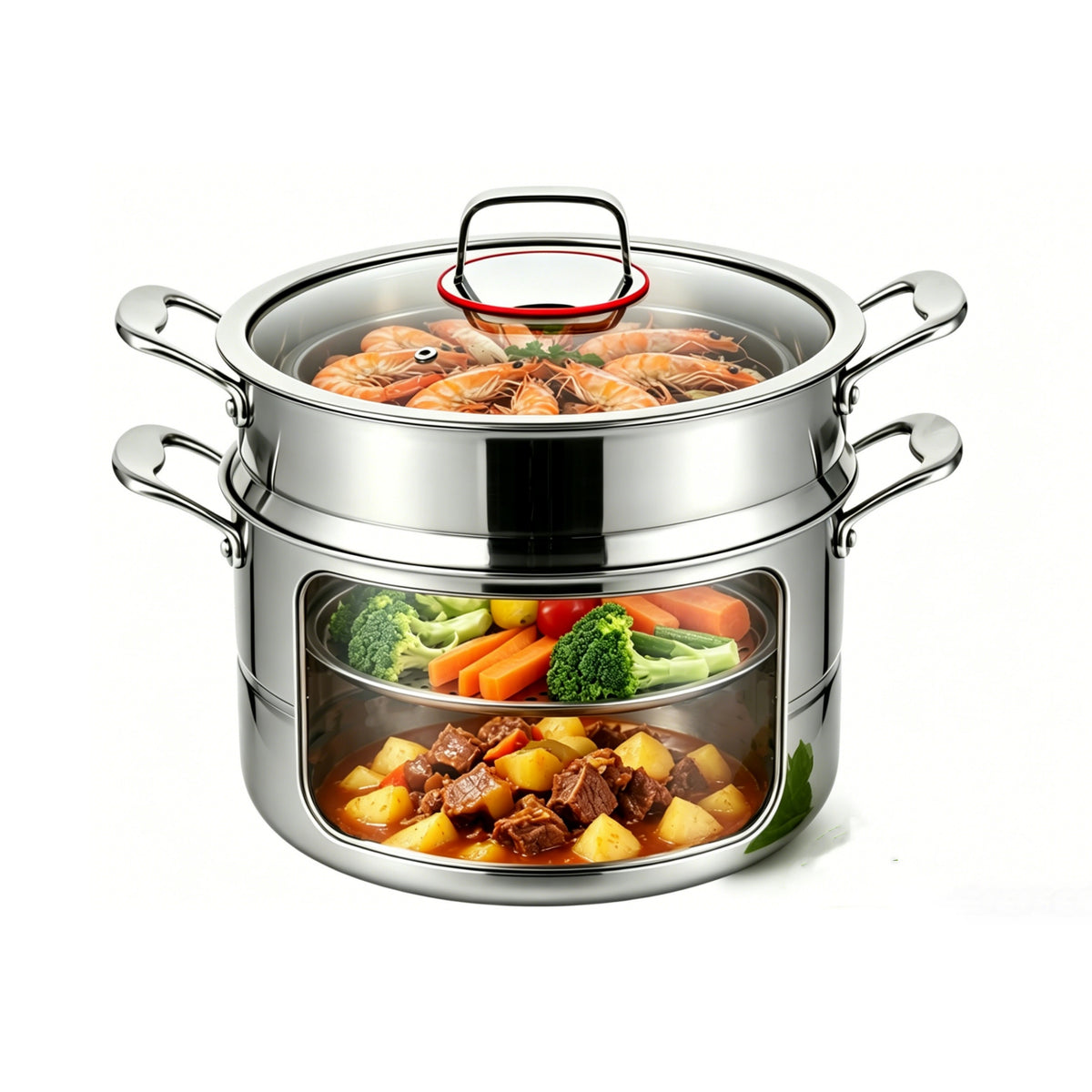 KANGXW 10QT Stainless Steel 2 Tier Steamer Pot with 2 Stackable Baskets