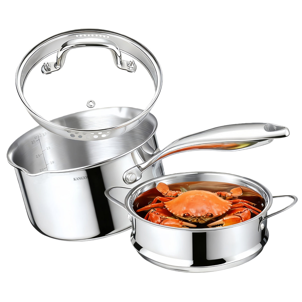 KANGXW 2.5 QT large stainless steel saucepan with steamer insert and glass lid