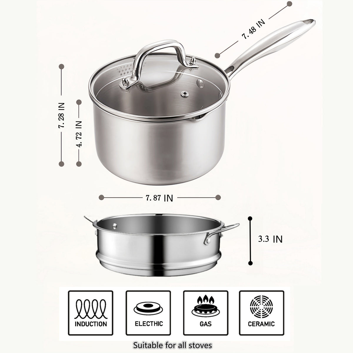 KANGXW 2.5 QT Stainless Steel Saucepan with Steamer Insert & Glass Lid