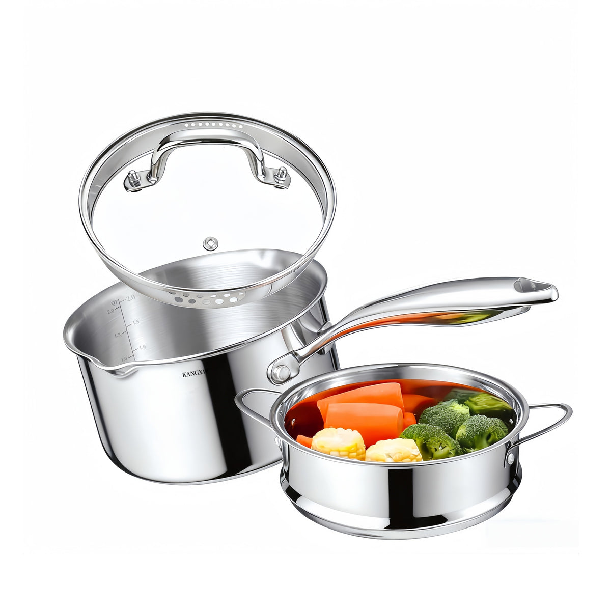 KANGXW 2.0 QT Stainless Steel Saucepan With Pour Spout Filter Glass Lid