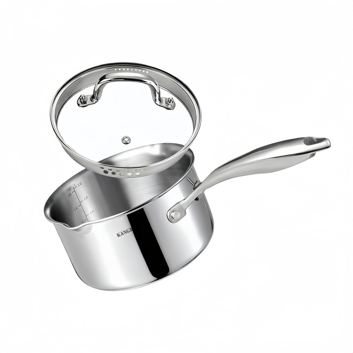 KANGXW 2.0 QT Stainless Steel Saucepan with Straining Lid & Dual Pour Spouts