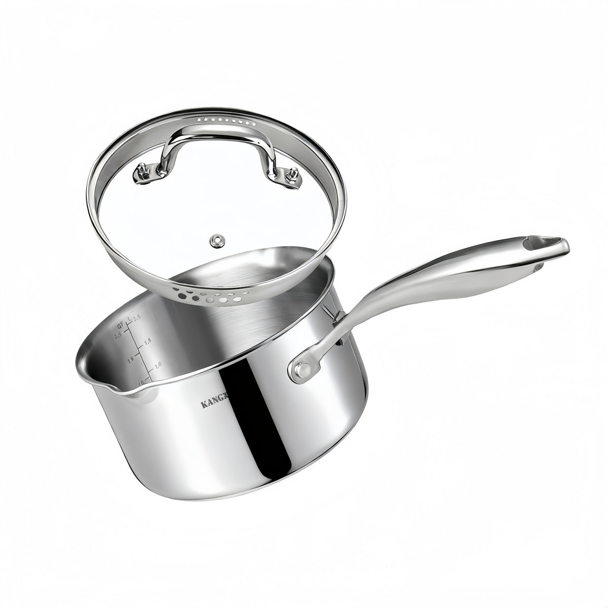 KANGXW 2.5 QT Stainless Steel Saucepan with Straining Lid & Dual Pour Spouts