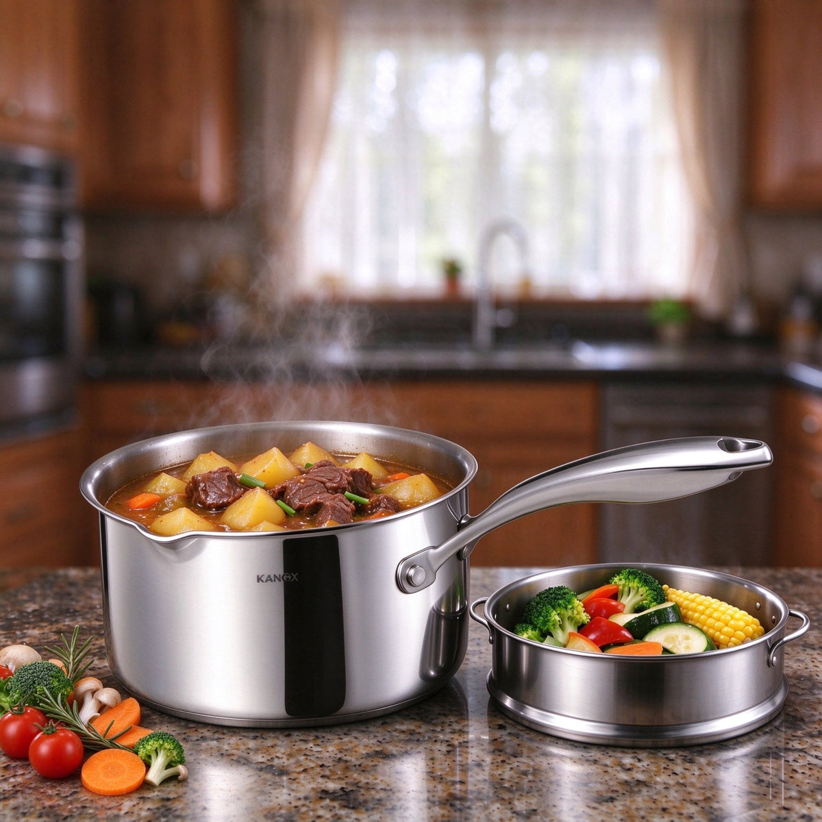 KANGXW 2.0 QT Stainless Steel Saucepan With Pour Spout Filter Glass Lid