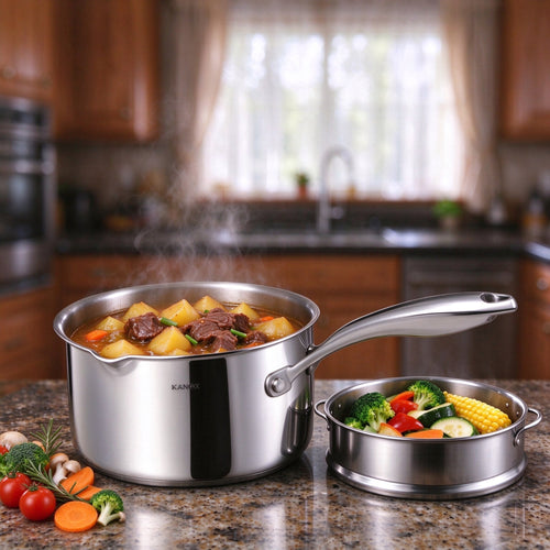 KANGXW 2.0 QT Stainless Steel Saucepan With Pour Spout Filter Glass Lid