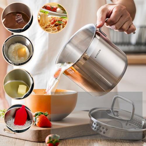 KANGXW 1.5 QT Stainless Steel Saucepan with Pour Spout & Straining Glass Lid, Induction Compatible, Dishwasher Safe