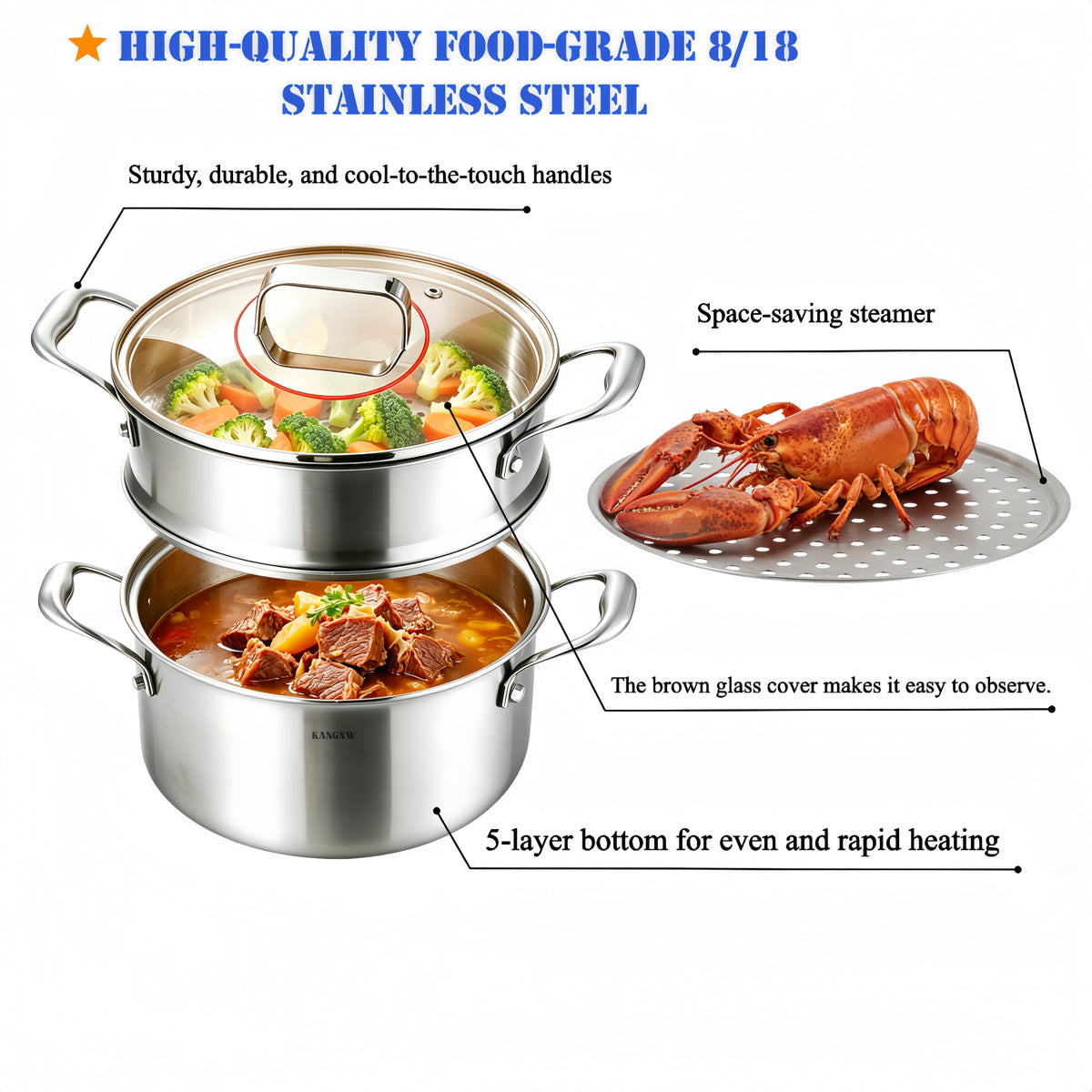 Multi-layer stackable steamer inserts and deep stock pot set for seafood and dumplings